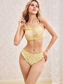 Pastoral Style Ditsy Floral Ruffled Hem Sexy Women Lingerie Set - Yellow - View 3