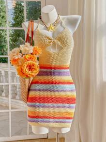 Skyraze Women's Striped Micro Hollow Beach Vacation Dress,Hawaii Women Outfits - Multicolor - View 1