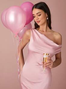 Enchnt Frühlings-/Sommerdamen romantisches, rosa, asymmetrisch ausgeschnittenes, gerüschtes, körperbetontes, elegantes Maxikleid, süß und elegant für Urlaub, Dates, Feiertage, Partys, Abschluss und Hochzeitsgäste, Abiball, Konzert- und Festivalgarderobe, Osterkleider, Sommerkleider für Damen - Pink - Übersicht 2