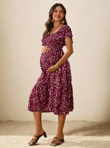 SHEIN Maternity Casual Fully Allover Print Ruffle Hem Dress - Burgundy - View 7
