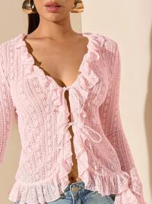 SHEIN BAE Blusa de manga larga con volantes y cordones estilo sexy y minimalista en color albaricoque, adecuada para primavera y verano, apta para el Día de San Valentín, fiestas, citas románticas, dama de honor, trabajo, cumpleaños y talla grande ocasiones