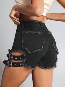 SHEIN Tall Women's Denim Shorts, Fashionable For Summer, Tall Women - Black - View 2