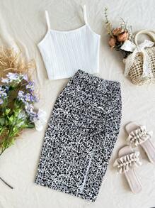 SHEIN Tween Girl Vacation-Style Knit Cami Top And Ditsy Floral Wrap Skirt Set