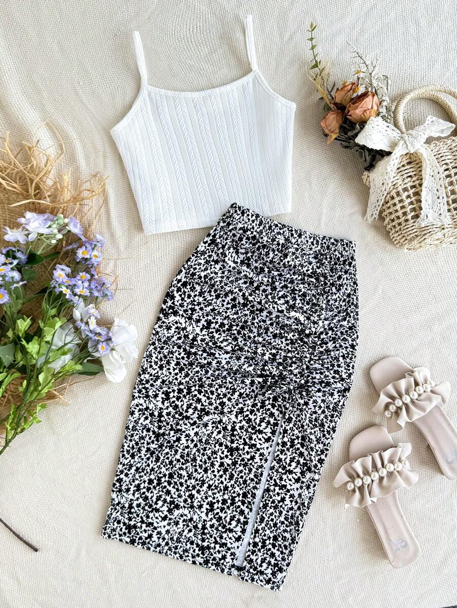 SHEIN Tween Girl Vacation-Style Knit Cami Top And Ditsy Floral Wrap Skirt Set