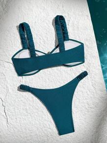 Swim Vcay Springbreak New Solid Color Ruched Thick Strap Metal Starfish High Cut Women Beach Swimsuit Set For Summer Beach Vacation