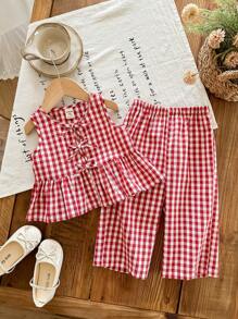 LMoss Kids 女婴可爱夏季度假红白格子蝴蝶结装饰无袖上衣和松紧腰宽松裤套装 - 紅色 - 查看 4