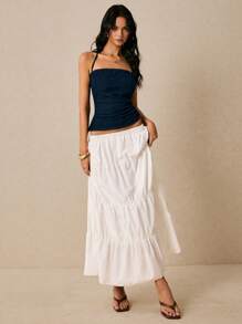 Poéselle 女式牛仔上衣 露背上衣 不对称下摆 女式上衣 纯色时尚吊带背心上衣，适合夏季 蓝色上衣，老款，商务休闲女性 - 深色水洗藍 - 查看 5