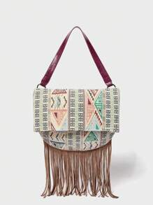 SHECARRY Women's Geometric Pattern Bohemian Style Tassel Hem Fashion Shoulder Bag