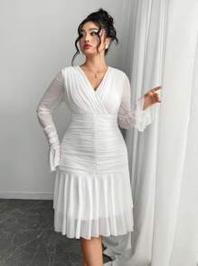 Modelyn Elegant Semi-Sheer Layered Ruffle Dress - White - View 3
