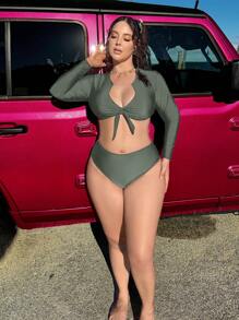 Slaysola Plus Size Long Sleeve V-Neck Bow Swimsuit Set For Summer Beach Vacation - Army Green - View 3