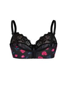 SHEIN 1件黑色刺绣印花面料柔软无衬垫文胸