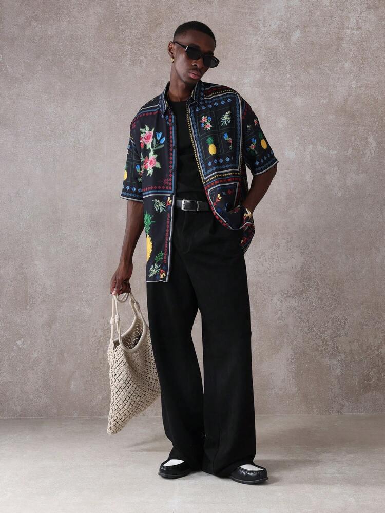 Short Sleeve Button Down Floral Pineapple Print Retro Casual Shirt
