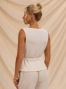 Avantive 白色纹理不对称系带无袖上衣，适合女士度假和休闲装夏威夷女装白色女装便宜衣服 - 白色 - 查看 2