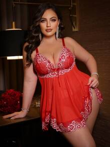 Seduluxe 2pcs Set: Classic Sexy Lace Patchwork Fishnet Dress + G-String - Red - View 4