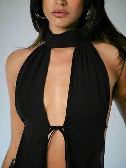 Denimoi Spring And Summer Solid Open Back Cut Out Halter Neck Mesh Top, Backless Vacation For Women, Fashionable, Clubbing, Tops