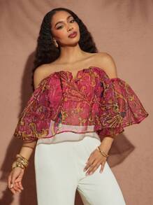 Vixey 露肩印花欧根纱上衣，波西米亚风，波西米亚女装，可爱夏日上衣，海岛度假，假期 - 玫紅色 - 查看 5