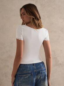 Glamine Women's Summer White Top, Fashion White Knit Short Sleeve Casual T-Shirt, Square Neck And Lace Trim Casual T-Shirt