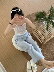 2 件套青少年女孩休闲简约时尚百搭纯色吊带背心和蕾丝拼接裤睡衣 - 彩色 - 查看 3