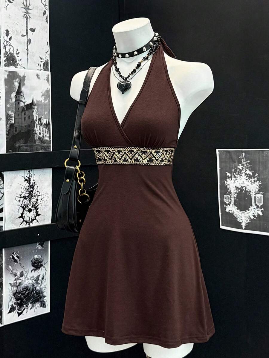 EgrlEra 女士性感V领修腰优雅连衣裙 - 巧克力棕 - 查看 1