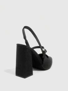 CUCCOO BIZCHIC Women's Fashion Black Glitter Thick Heel Pointed Toe Strap Pumps, Basic & Simple Design - Black - View 4