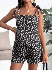 SHEIN Maternity Daisy Print Button Detail Jumpsuit - Black - View 3