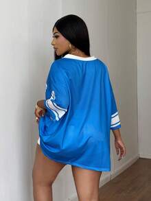 Mawevolt Plus Size Women Summer Loose Mesh T-Shirt With Letter Print, Blue Sports Jersey, Casual Top, Holiday - Multicolor - View 5