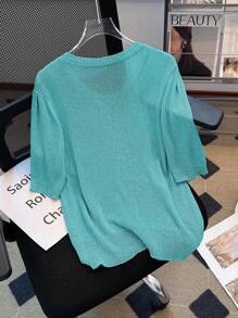 SHEIN LUNE Women's Fashionable Crew Neck Balloon Sleeve Knit Sweater, Age-Reducing Style - Green - View 2