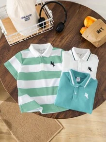 SHEIN 3 件套年轻男孩休闲运动学院风图案圆领短袖 Polo 衫套装，适合日常穿着、上学、户外活动、春夏季节 - 薄荷綠 - 查看 7