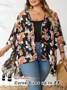 SHEIN CURVE+ Plus Size Women's Summer Lace Splice Black Casual Loose Long Arabic Robe, Vacation Bohemian Thin Cardigan Outerwear, Curve Plus, Boho Vacation - Black - View 2
