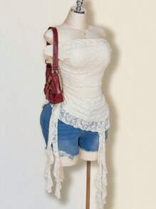 SHEIN ICON 大码女式休闲音乐节露肩网眼荷叶边不对称下摆上衣