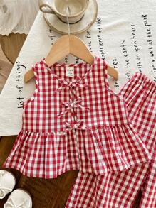 LMoss Kids 女婴可爱夏季度假红白格子蝴蝶结装饰无袖上衣和松紧腰宽松裤套装 - 紅色 - 查看 6