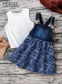 SHEIN Young Girl 2pcs Sets: Fashionable Casual Round Neck Camisole & Floral Print Suspender Dress, Playful And Cute For Outdoor Activities, Daily Wear, Farmhouse Life - Blue - View 2