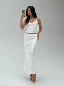 Aloruh Damen sexy und elegantes Drapierung Hals Halfter Satin Top und Meerjungfrau Maxi Rock Zweiteiler, Outfit für Hochzeitsgäste, Outfit für Hochzeitsanlässe, Zweiteiler Rock