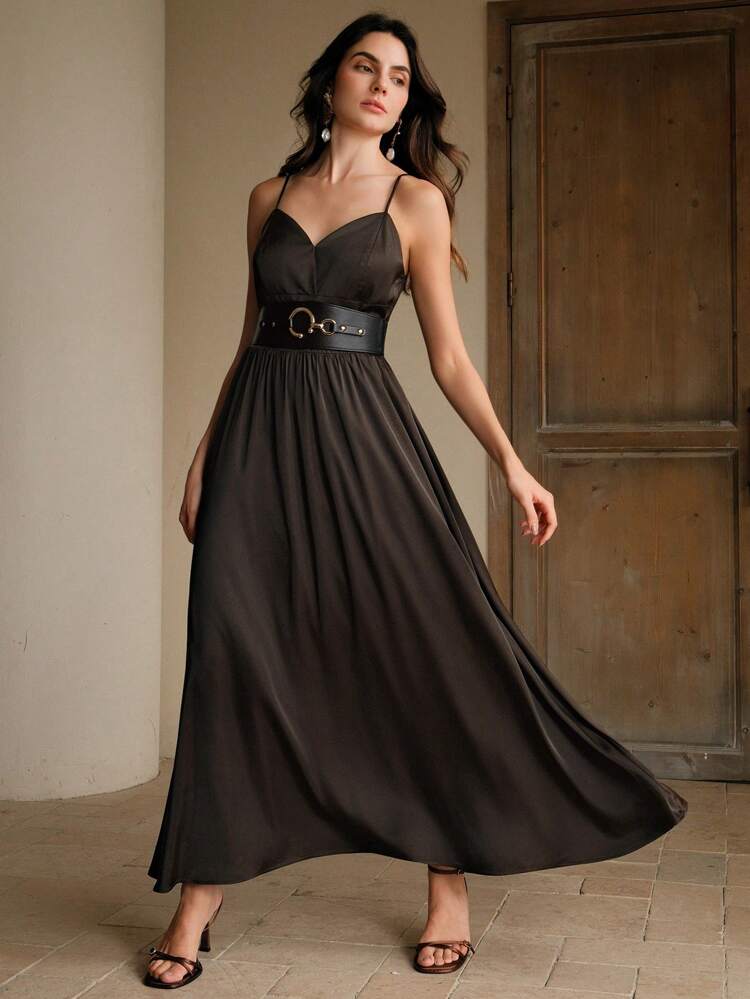 Standard Size Women's Classy Elegant V-Neck Cinched Waist Casual Summer Dress With Back Zipper And Belt