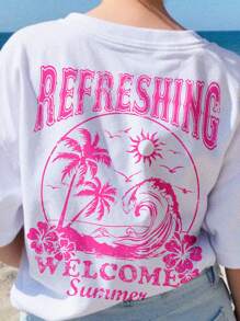 SHEIN Coconut Tree Beach Vacation Print, Pink Vacation Print, Tween Girls Casual Graphic Short Sleeve T-Shirt, Suitable For Summer - White - View 4