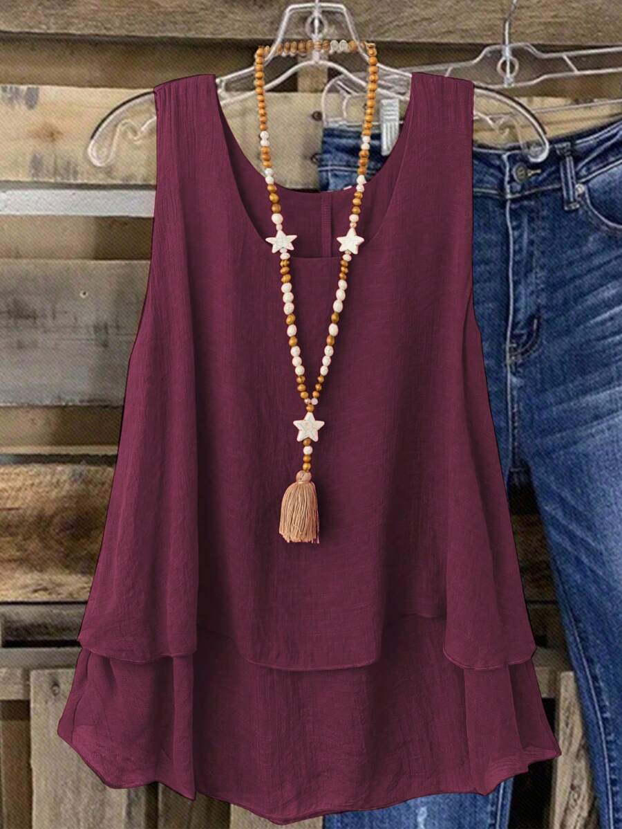 SHEIN LUNE Plus Size Women Dopamine Sweet Retro Double Ruffle Hem Camisole Top For Beach Holiday, Spring/Summer - Burgundy - View 1