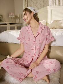 CottageSlumber Pink Bow Heart Print Ruffle Trim Short Sleeve Top And Pants Ladies Pajama Set Holiday Season - Dusty Pink - View 1