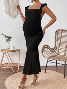 SHEIN Pregnant Women Square Neck Floral Lace Fitted Elegant Ruffle Trim Dress Maternity Dress - Black - View 5