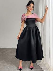 Modelyn 女式夏季优雅撞色水钻装饰腰部收腰连衣裙 - 黑色 - 查看 2