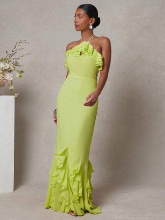 L'Amorae 优雅荷叶边无袖露背修身纯色雪纺夏季长裙，婚礼宾客礼服，女士夏季服装，女士度假服装，生日服装