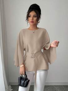 Selianne Women's French Style Round Neck Batwing Sleeve Waist Tie Shiny Red Blouse, Spring/Summer Fall Cloth For Women