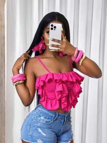 BamGleam 夏季时尚纯色荷叶边吊带露脐吊带牛仔草莓亮粉色上衣，春季，夏季假期，度假 - 玫紅色 - 查看 4