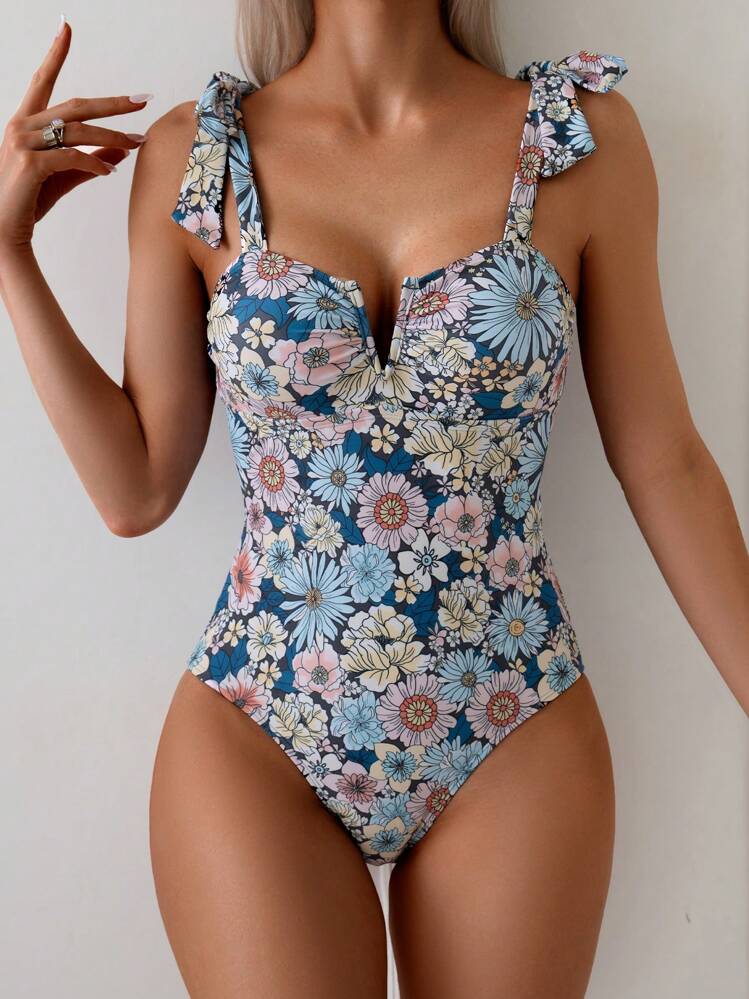 SHEIN 1 pieza Traje de baño de una sola pieza para mujer, con tirantes finos, elegante, adecuado para el verano - Multicolor - Añade 4