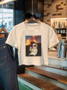 INAWLY Summer Cats & Milk Tea Interesting Graphic Print Women Casual Round Neck Top