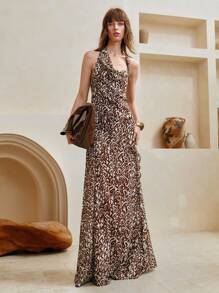 SHEIN LUNE Damen Chiffon Rüschensaum. Böhmischer Vintage-Druck, asymmetrisches Schlitzdesign, Neckholder-Rückenloses Maxikleid, Sommer, Urlaubsoutfits Frau, Urlaubskleid