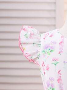 SHEIN Young Girls' Ditsy Floral Ruffle Trim Flared Cap Sleeve Cute Princess Party Dress, Spring/Summer - Multicolor - View 3