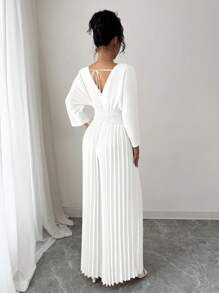 Rafferiza Women's Solid Color Crossed V-Neck 3/4 Sleeve Ruffle Wide Leg Elegant Jumpsuit