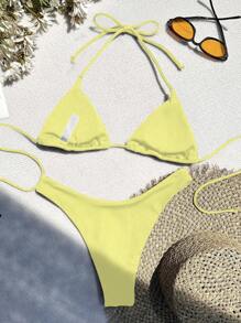 Swim Vcay Summer Beach Halter Triangle High Cut Bikini Set - Yellow - View 5
