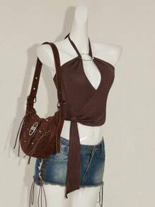 SHEIN ICON 女士纯色环状镂空性感短款露背背心 - 棕色 - 查看 5