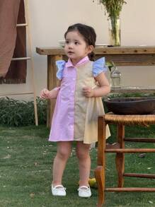 SHEIN LMoss Kids Babygirl Cute Summer Casual Striped Patchwork Cap Sleeve Mini Dress - Multicolor - View 7